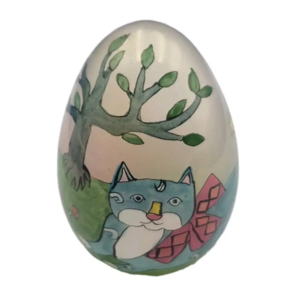 Vintage Reverse Painted Glass Egg with Adorable Cats Signed 3x1.5